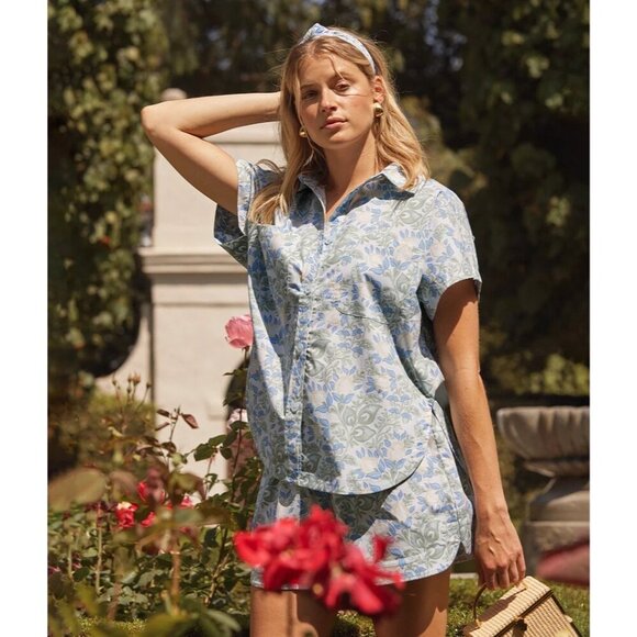 Summersalt The Poolside Poplin Button-Down Shirt Secret Garden Blue & Sage Size - Picture 1 of 11